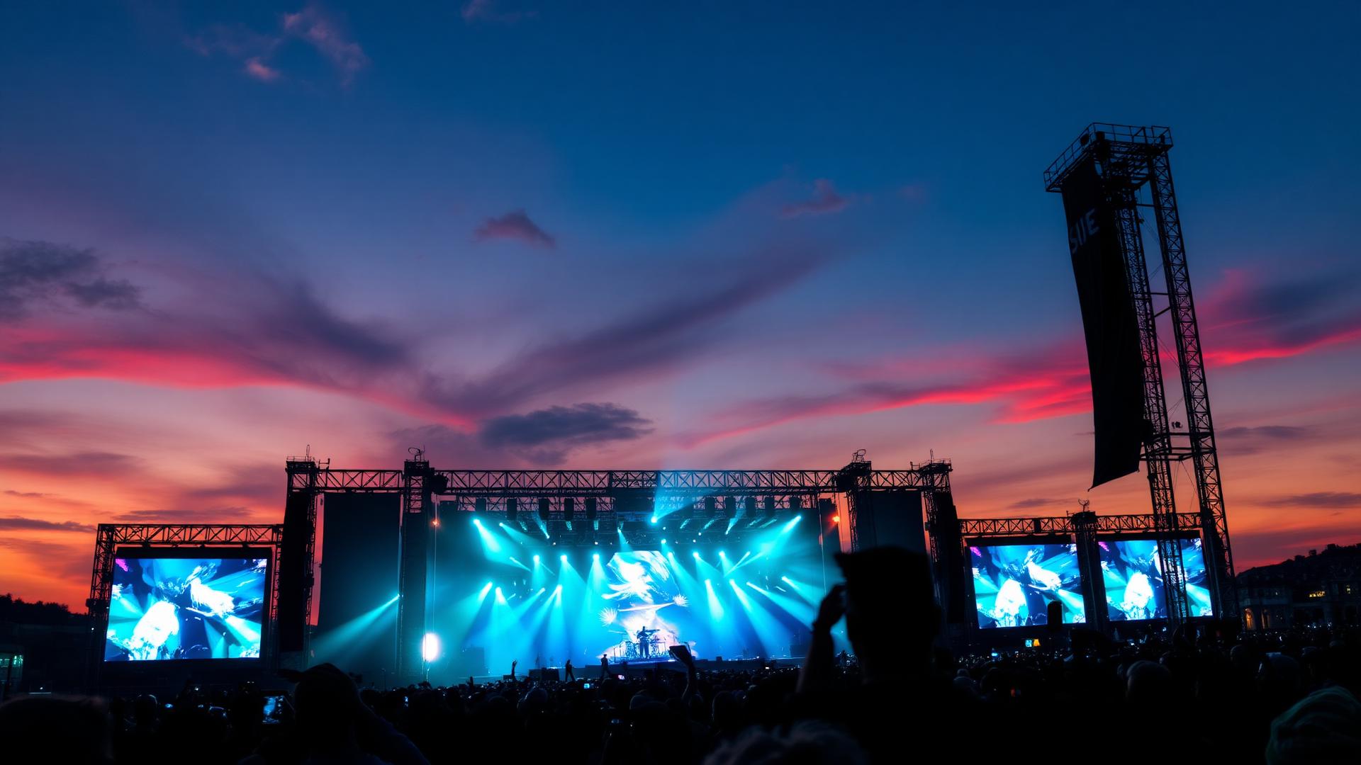 Festival main stage at sunset